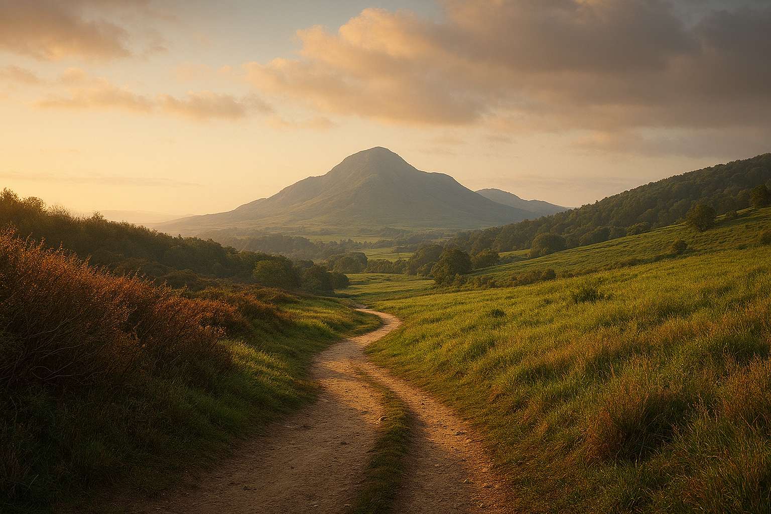 Ein schmaler Pfad windet sich durch wechselnde Landschaften – von dunklem Buschwerk über grüne Wiesen bis hin zu einem lichten Wald, im Hintergrund ein sanft beleuchtetes Gebirge unter einem warmen Himmel. Das Bild vermittelt Bewegung, Übergang und Aufbruch.