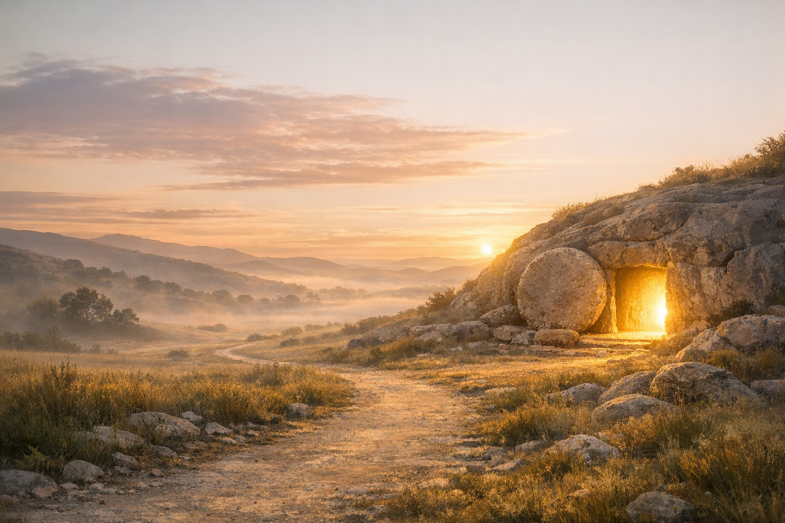 Ein geöffnetes Felsengrab in einer warmen Morgenlandschaft, aus dem helles Licht strömt. Ein stiller Weg führt auf das Grab zu. Die Szene wirkt ruhig und hoffnungsvoll.