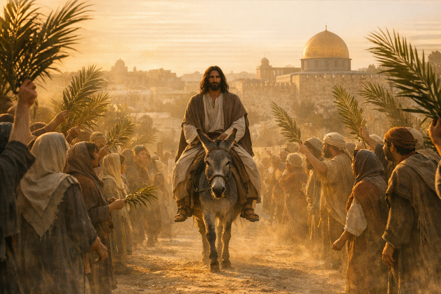 Jesus reitet auf einer Eselin in Jerusalem ein, Menschen stehen am Weg und schwenken Palmzweige. Die Szene wirkt ruhig und erwartungsvoll, im Hintergrund warmes Abendlicht.