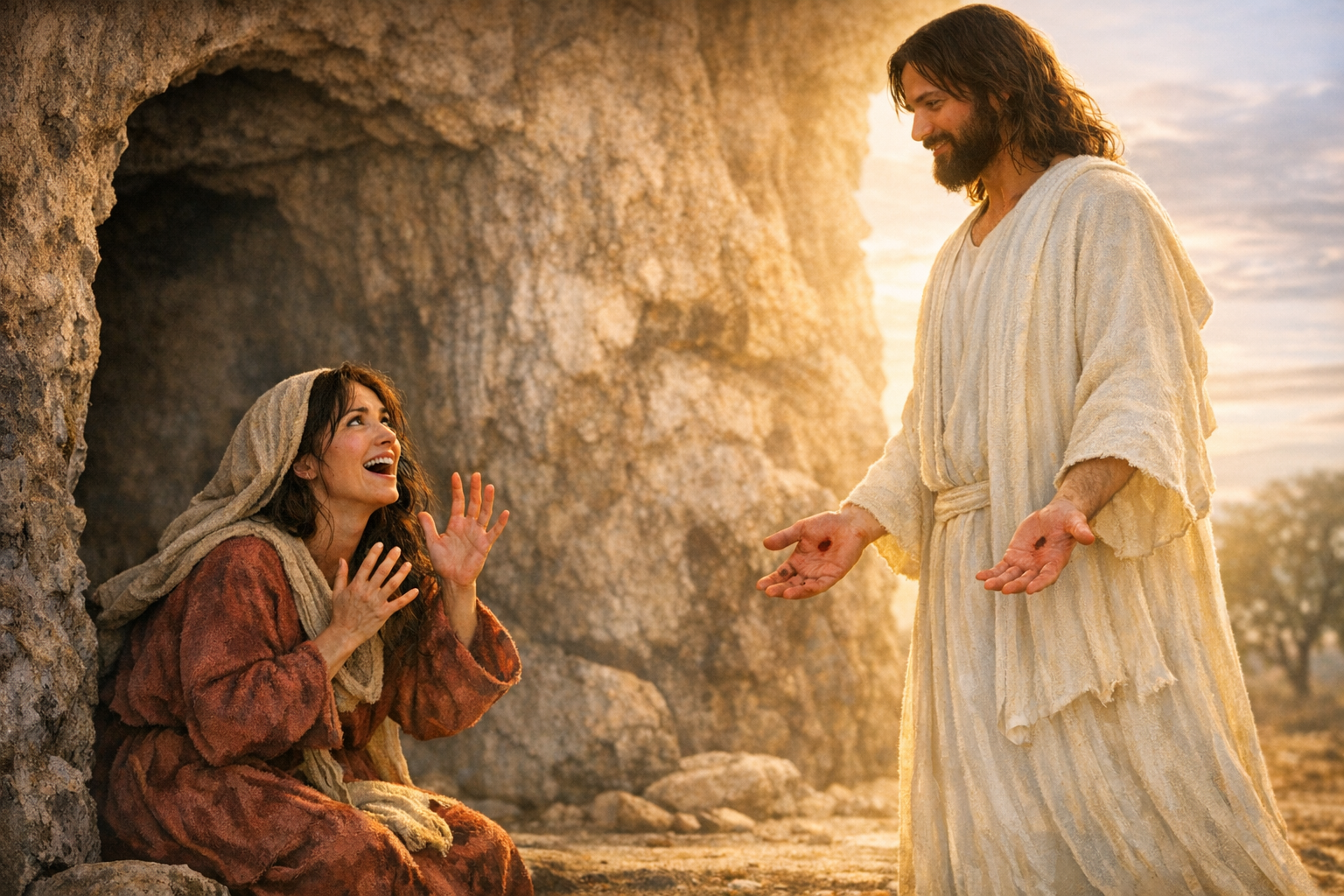 Maria Magdalena kniet vor dem leeren Grab Jesu im Morgengrauen. Sie trägt ein rotbraunes Gewand und ein beiges Kopftuch, ihr Gesicht zeigt eine Mischung aus Verzweiflung, Erschrecken und freudiger Verwunderung. Jesus steht ihr gegenüber in einem weißen Gewand, größer als Maria, mit sanftem Blick und ausgestreckten Händen, in denen deutlich die Wundmale zu sehen sind. Die Szene ist in warmes Licht getaucht, das Grab liegt im Schatten, während Jesus im Sonnenlicht steht.