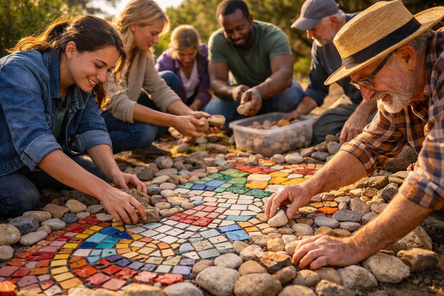 Menschen tragen gemeinsam Steine und bauen daraus ein lebendiges, offenes Mosaik – Sinnbild für eine Kirche, die aus vielen Gaben entsteht und in Bewegung bleibt.