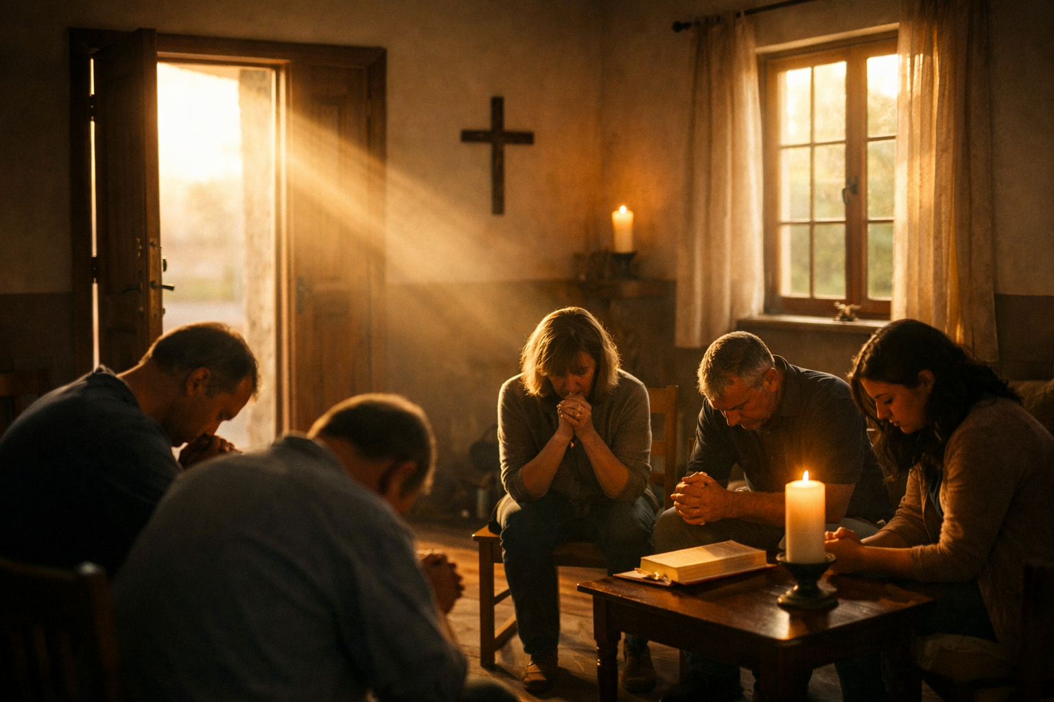 Eine kleine Gruppe von Menschen sitzt in einem hellen Raum zusammen und betet. Durch ein Fenster fällt warmes Licht, das eine Atmosphäre von Hoffnung und Gemeinschaft in einer Zeit des Übergangs vermittelt.