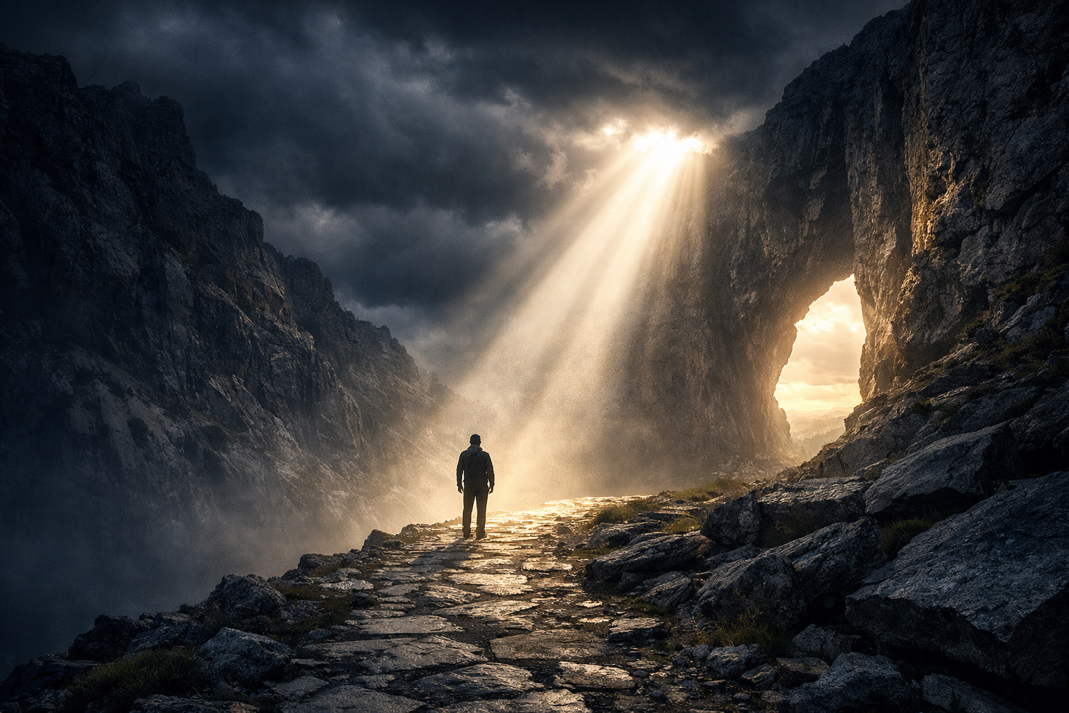 Ein breiter Lichtstrahl bricht durch dunkle Wolken und fällt auf eine Landschaft. Das Bild symbolisiert Hoffnung, Rettung und Orientierung inmitten von Dunkelheit.