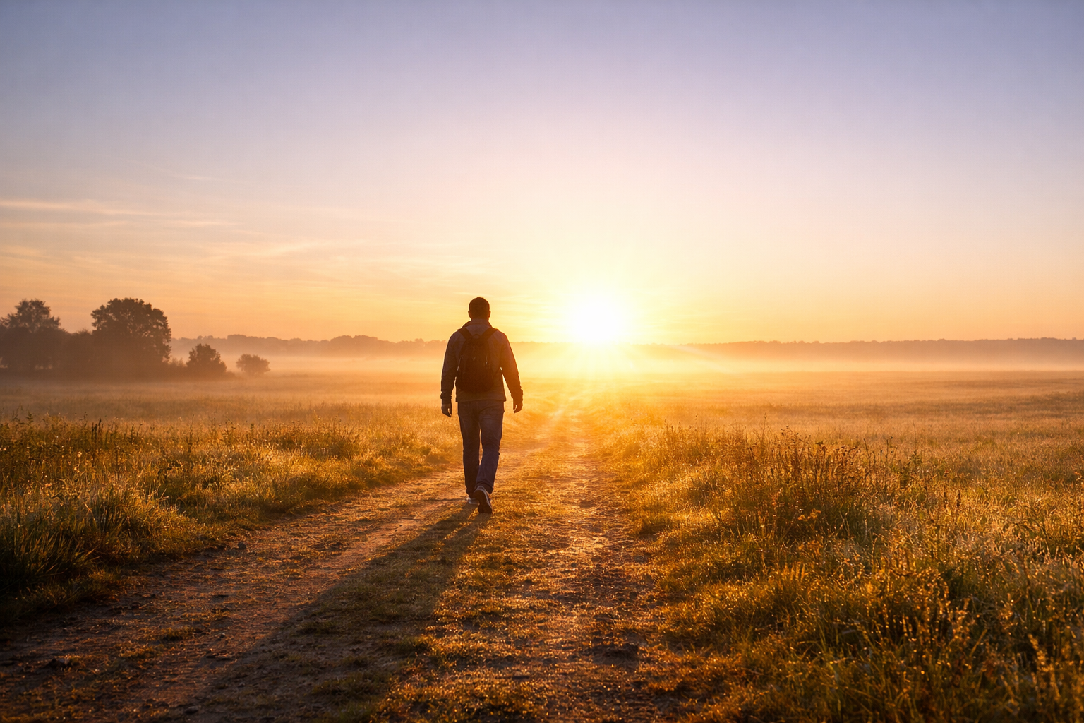 Eine Person geht im warmen Morgenlicht auf einen hellen Horizont zu – ein Bild für Aufbruch, Hoffnung und die Sendung, Leben zu wecken.