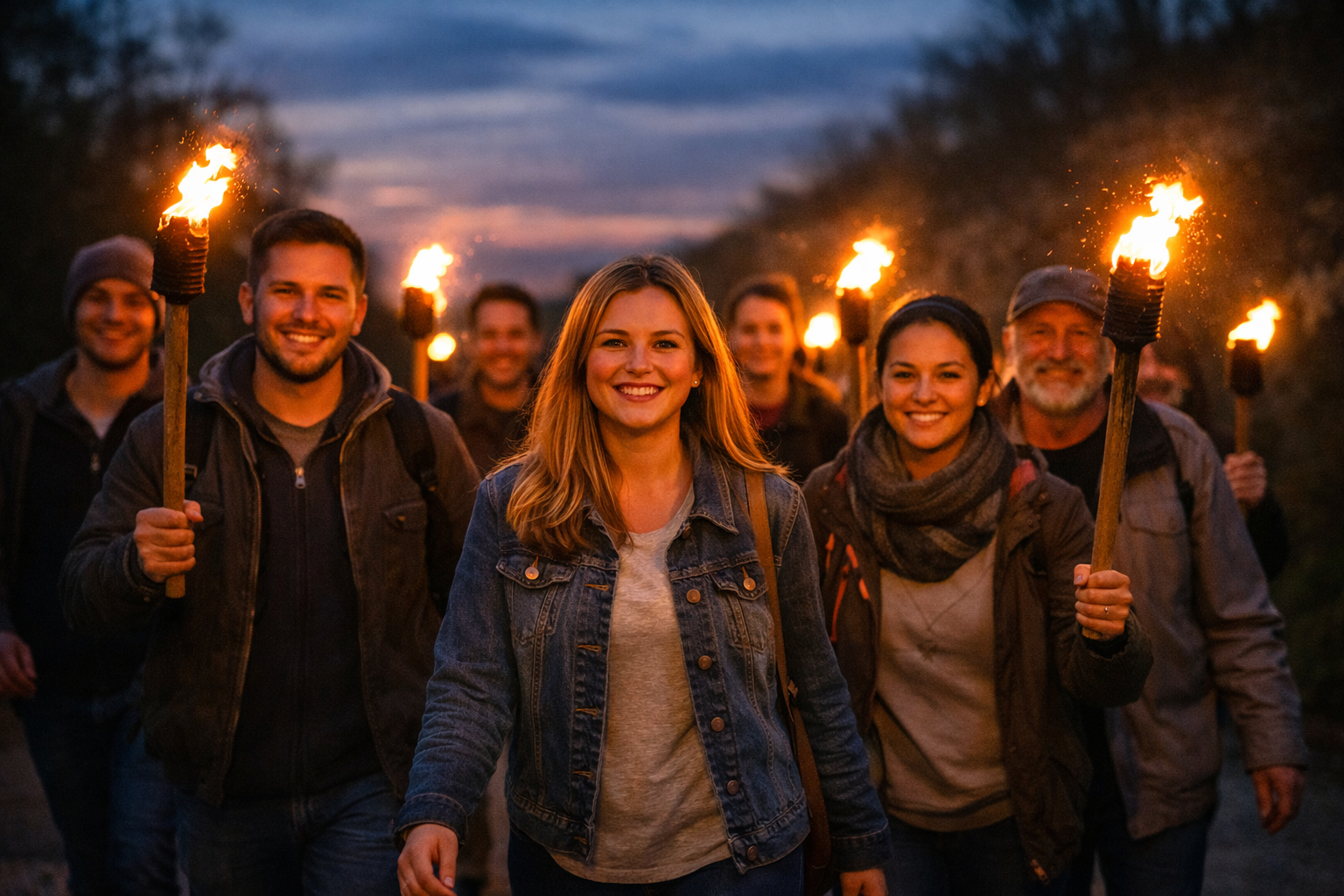 Eine Gruppe von Menschen geht bei Abenddämmerung mit brennenden Fackeln direkt auf den Betrachter zu. Ihre Gesichter sind von warmem Licht erhellt, sie lächeln und wirken hoffnungsvoll. Männer und Frauen unterschiedlichen Alters halten die Fackeln hoch, während hinter ihnen der Himmel in Blau  und Orangetönen leuchtet. Das Bild vermittelt Gemeinschaft, Freude und Zuversicht.