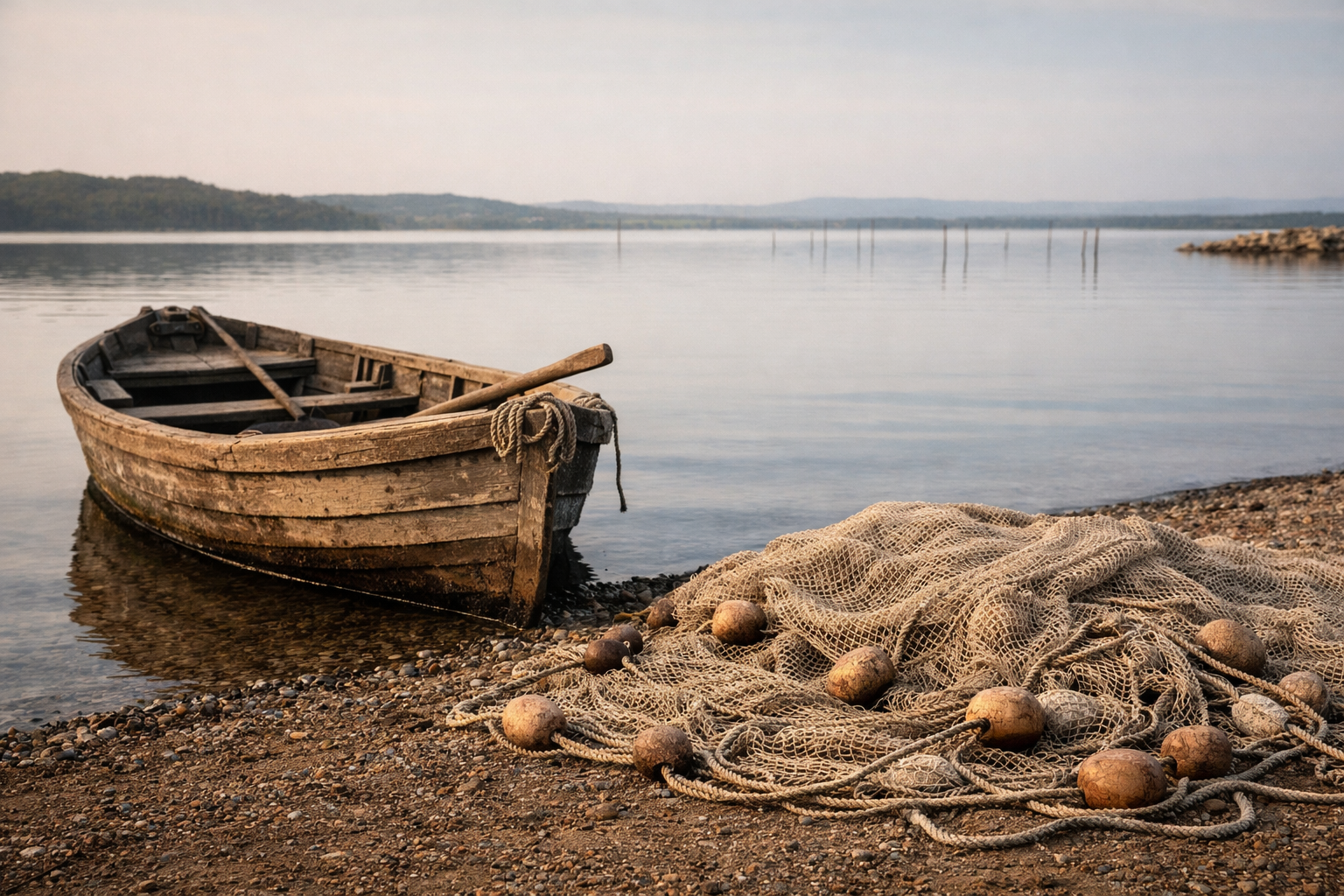 Ein schlichtes, wettergegerbtes Holzboot liegt am Ufer eines stillen Sees. Das Wasser ist glatt und spiegelt die sanften Farben des Himmels. Neben dem Boot breitet sich ein grobes Fischernetz aus, dessen Korkschwimmer und Bleigewichte sichtbar sind. Im Hintergrund ragen einige Holzpfähle aus dem Wasser, dahinter verschwimmen Hügel und Bäume in leichter Dunstigkeit. Die Szene wirkt ruhig, zeitlos und kontemplativ – ein Sinnbild für Sammlung, Arbeit und die stille Erwartung des kommenden Tages.