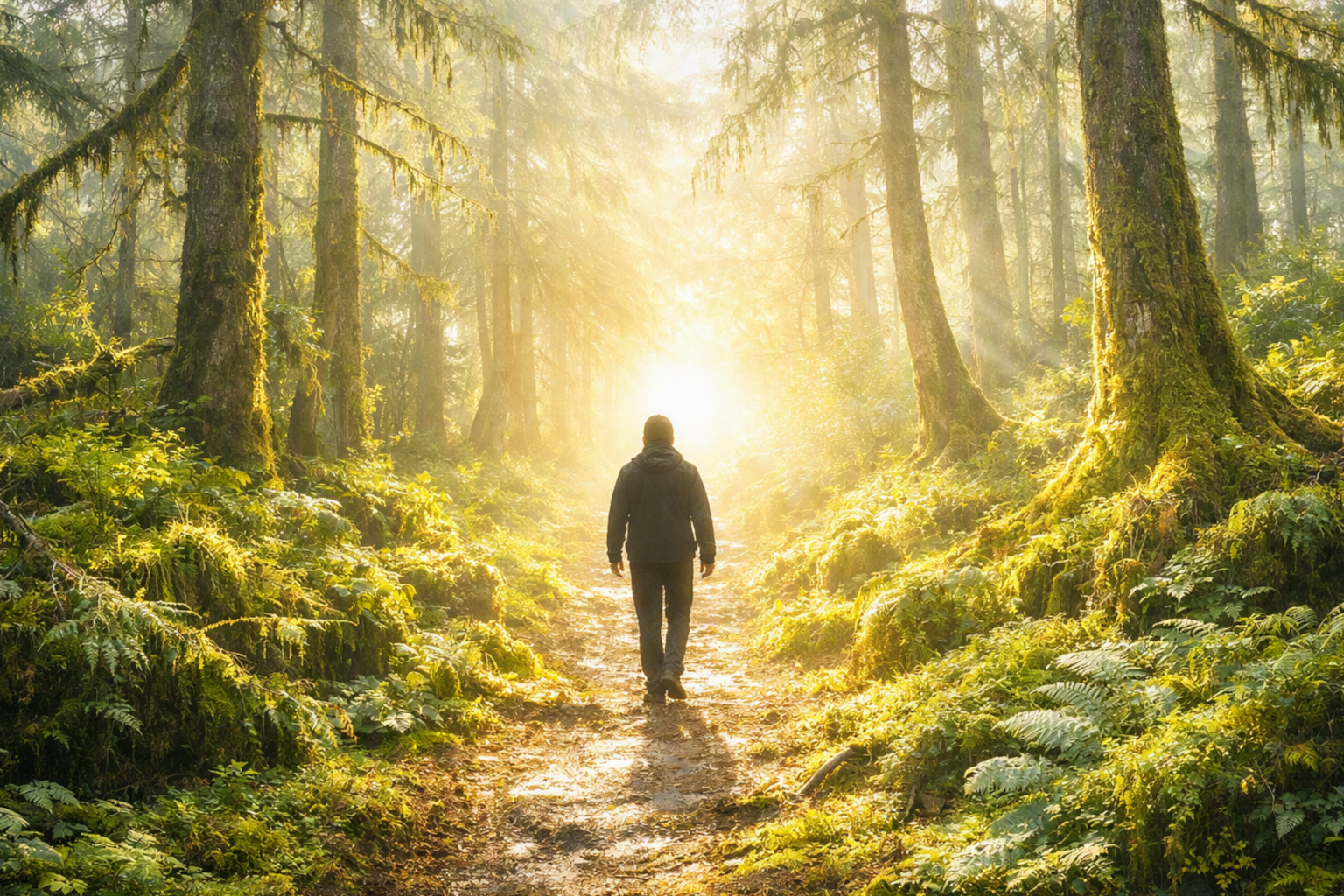 Ein schmaler Weg führt durch eine mystisch wirkende Waldlandschaft. Im Hintergrund leuchtet ein heller Punkt, der Orientierung und Hoffnung symbolisiert. Das Bild vermittelt Suche, Sehnsucht und spirituelle Tiefe.
