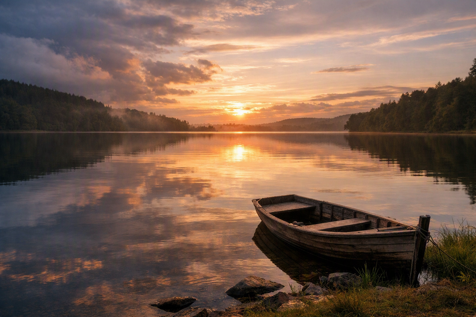 Ein stiller See nach einem Sturm. Das Wasser ist glatt, ein kleines Boot liegt ruhig am Ufer. Die Szene vermittelt Frieden nach einer Zeit der Unruhe.