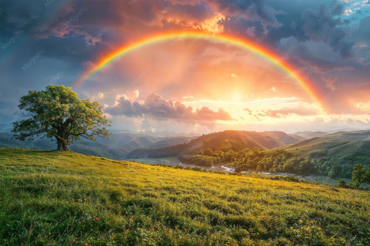 Ein breiter Regenbogen spannt sich über eine weite grüne Wiese mit einem einzelnen Baum. Der Himmel ist grau und wolkig, der Regenbogen leuchtet klar und deutlich in allen Farben. Die Szene wirkt ruhig und offen – ein Symbol für Weite, Hoffnung und Inklusion.