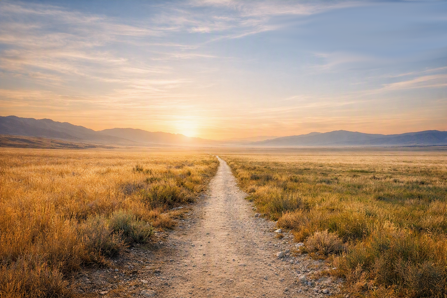 Ein schmaler Wanderweg führt durch eine weite, helle Landschaft. Links und rechts liegen offene Ebenen, der Horizont ist lichtdurchflutet. Das Bild symbolisiert den Weg der Vergebung zwischen Rachsucht und Gnade.