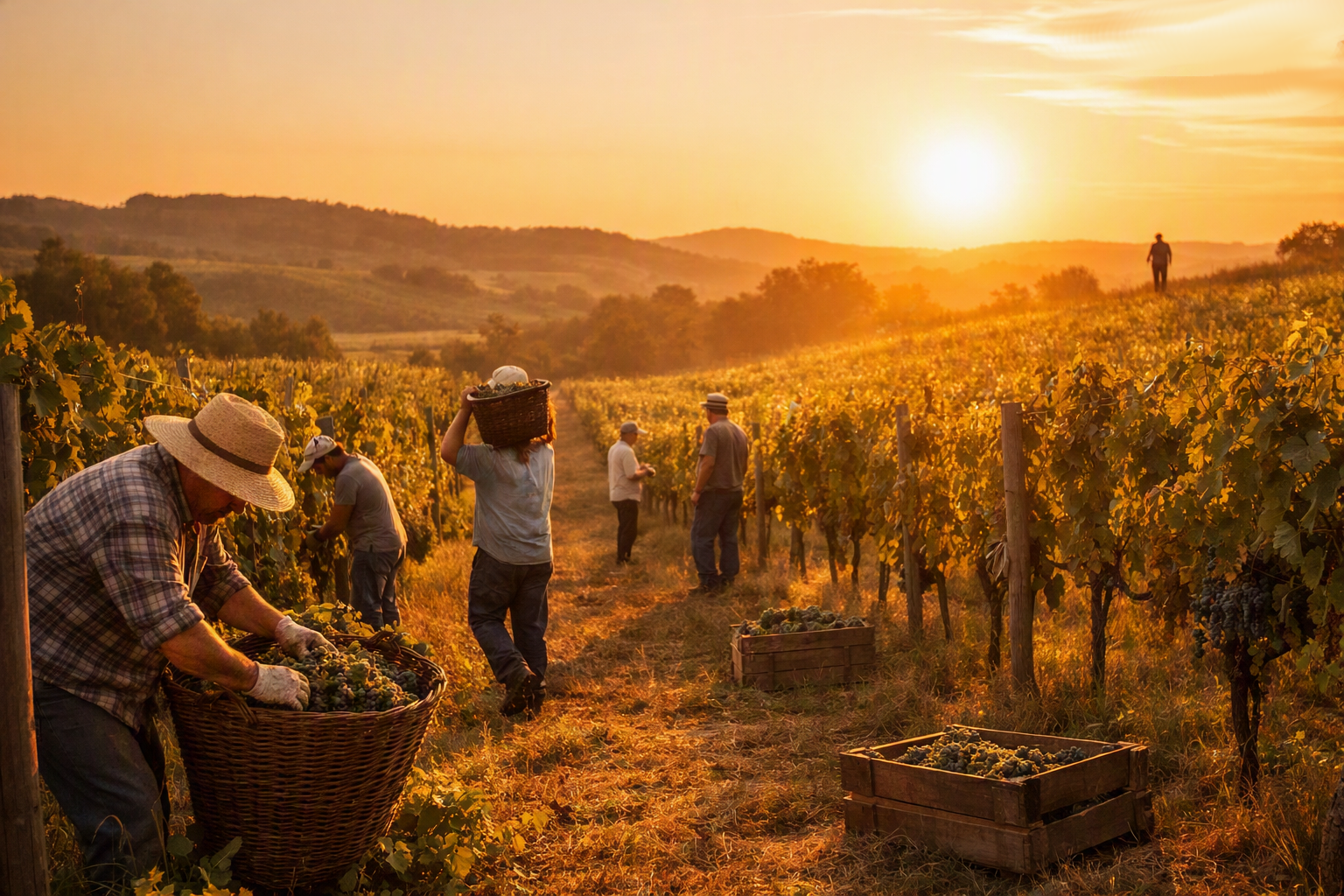 Weinberg im Abendlicht, in dem mehrere Arbeiter zu unterschiedlichen Zeiten tätig sind – ein Bild für Gottes Ruf, der jeden Menschen zu seiner Zeit erreicht.