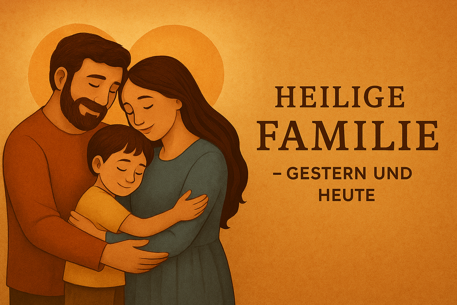Familie - Mutter, Vater, Kind - mit angedeutetem Heiligenschein. Titel des Bildes: Heilige Familie - gestern und heute
