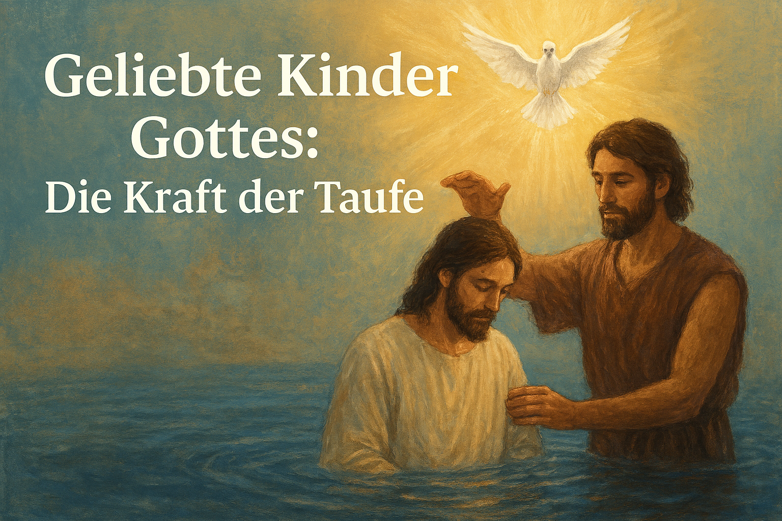 Ein warmes, stimmungsvolles Gemälde zeigt die Taufe Jesu im Jordan. Johannes der Täufer legt ihm die Hand auf die Schulter, während über ihnen eine leuchtende Taube als Symbol des Heiligen Geistes herabschwebt. Goldenes Licht strahlt vom Himmel und taucht die Szene in eine Atmosphäre der Würde und des Neubeginns. Die Wasseroberfläche spiegelt sanft die Bewegung, während die beiden Gestalten in ruhiger Andacht verharren. Der Titel „Geliebte Kinder Gottes: Die Kraft der Taufe“ steht klar lesbar im oberen Bereich des Bildes.