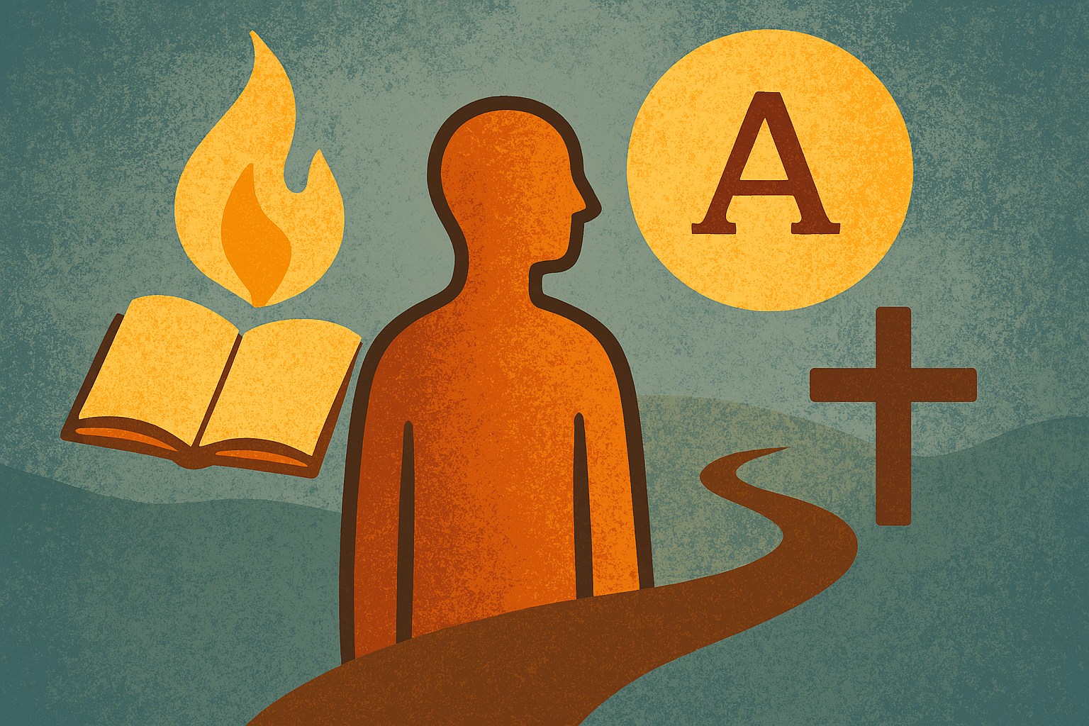 Abstraktes Landschaftsbild mit symbolischen Elementen: Eine stilisierte menschliche Figur in warmem Orange steht im Zentrum, umgeben von einem offenen Buch, einer Flamme, einem goldenen Kreis mit dem griechischen Buchstaben Alpha und einem Kreuz. Ein geschwungener Pfad führt vom unteren Bildrand zur Figur. Die Hintergrundfarben sind kühl und neblig – Blau‑ und Grüntöne dominieren. Die Komposition symbolisiert die Suche des Menschen nach Weisheit, Wort und göttlichem Ursprung. Das Bild verbindet Anfang und Ziel, Offenbarung und Identität.