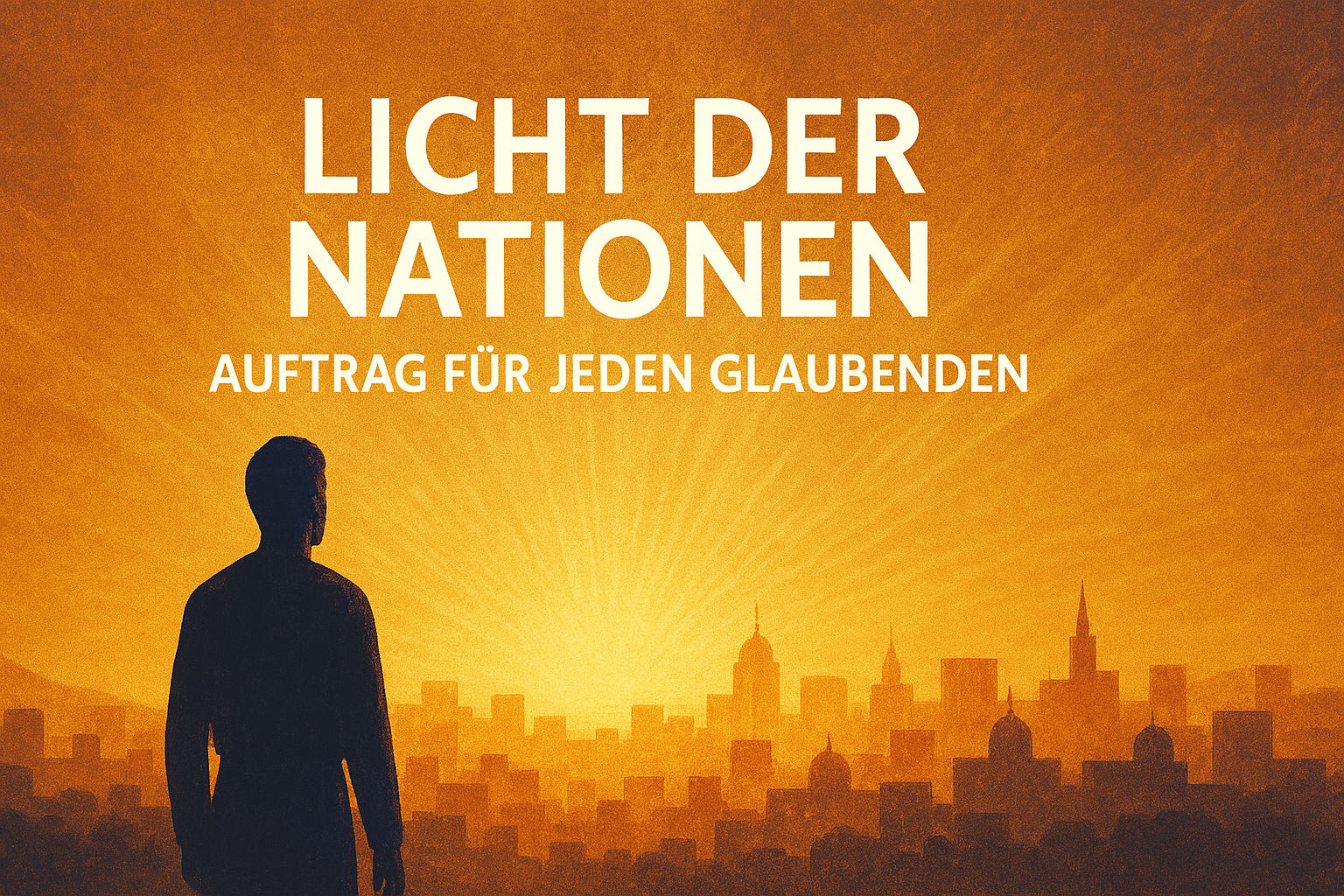 Abstrakte Landschaft mit dunklem Vordergrund und hellem Horizont. Ein einzelner Lichtstrahl fällt vom Himmel auf die Erde und symbolisiert göttliche Berufung und Hoffnung. Keine Personen oder Symbole, warme Farben in Gold und Orange.